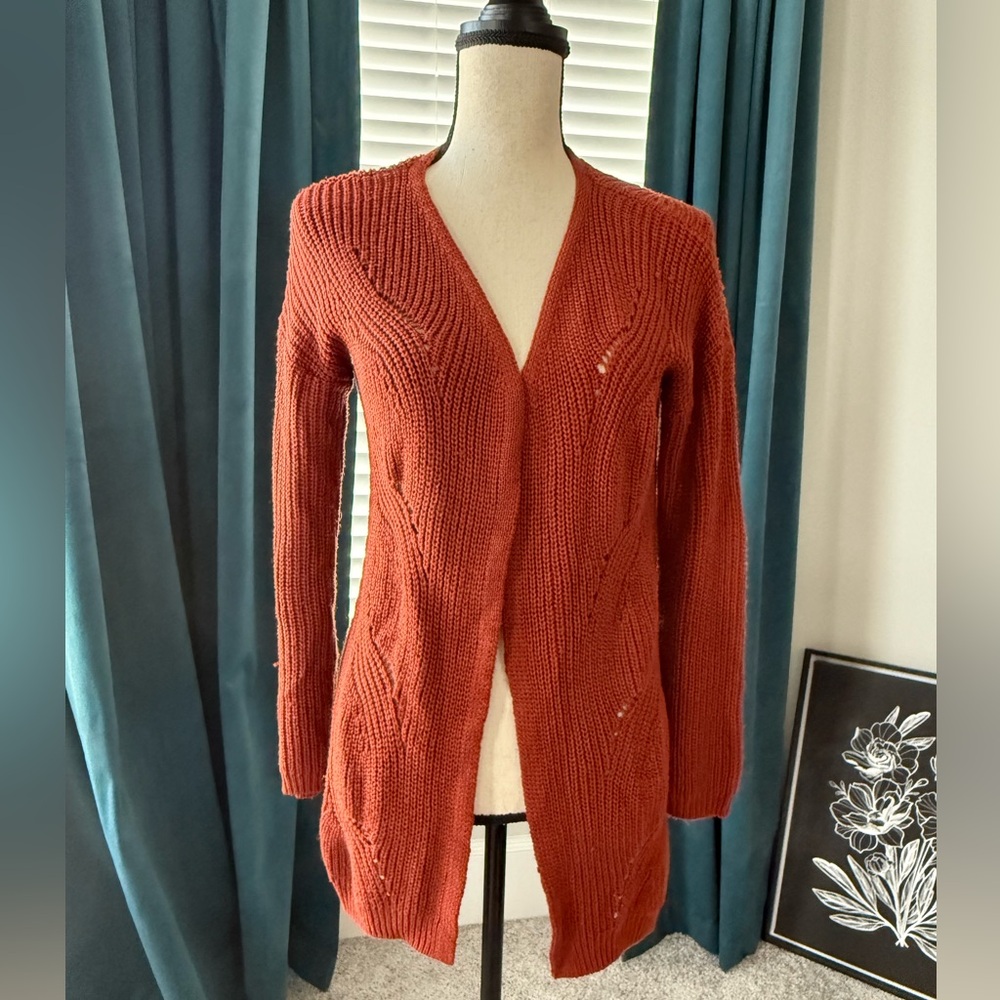 Charming Charlie Rust Crochet Knit Open Cardigan